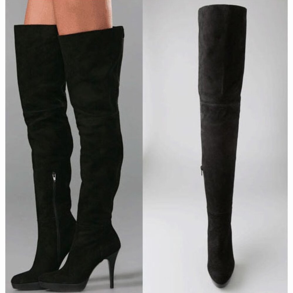 Stuart Weitzman Hiho Thigh High Black Suede Boots Platform Over-the-knee Size 7